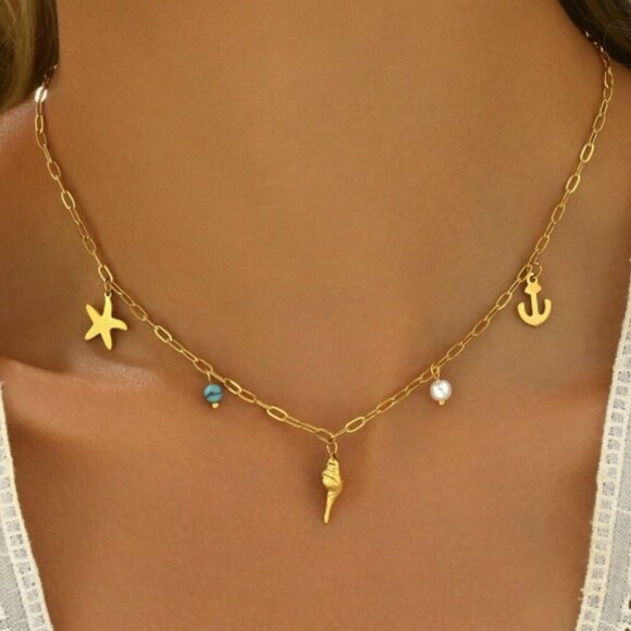 18K Gold Filled Nautical Charm Necklace – Starfish, Shell & Anchor - Picture 2 of 3
